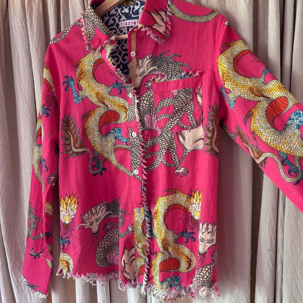 Dizzy Lizzie Tizzie Dragon Button Up Shirt Pink Raw Hem Size Medium Cotton Linen - Picture 3 of 6